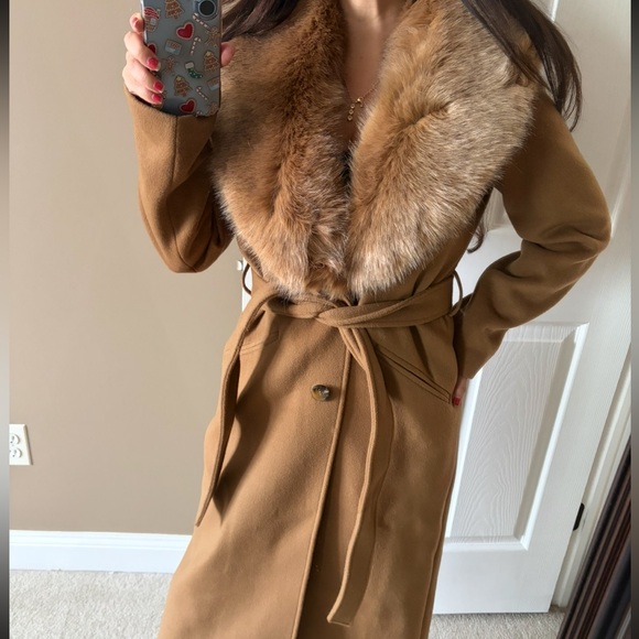 MK Michael Kors belted Woolf face fur collar coat camel brown xs classic beauty - Picture 12 of 12